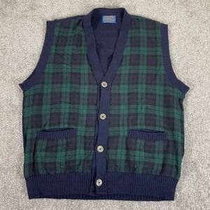 Pendleton Wool Sweater Vest Mens Medium Cardigan Tartan Black Watch Plaid VTG